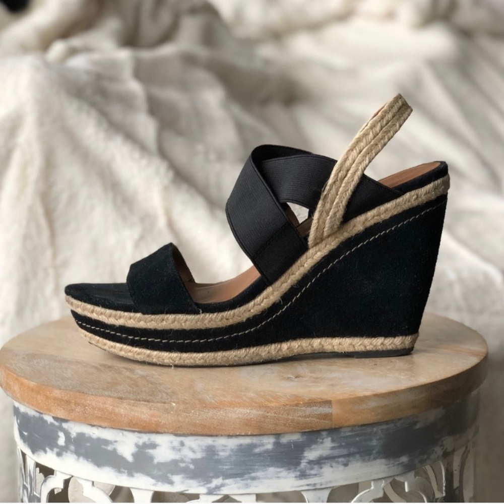 Franco Sarto Leather Black Espadrille Wedge Heel